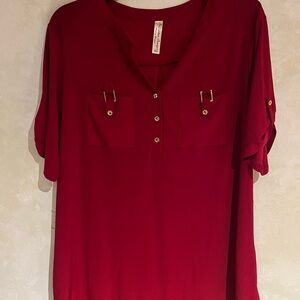 PerSeption Concept Deep Red Blouse with Button Accents